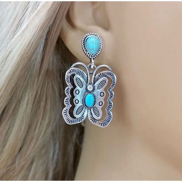 Bohemian Silver Tone Butterfly Stud Dangle Earrings with Faux Turquoise Beaded - Picture 2 of 6